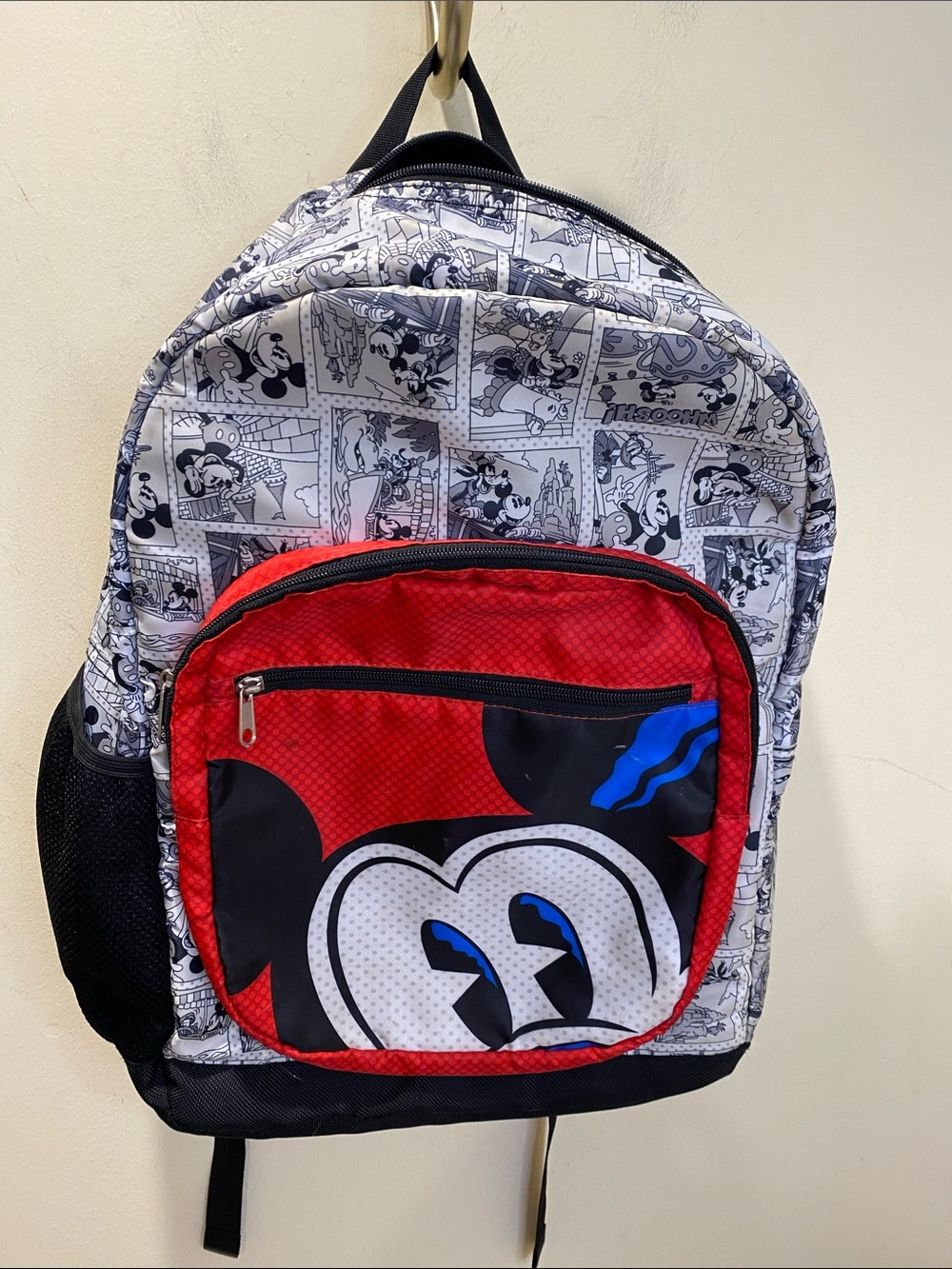 Disney Comic-Print Red & Black Mickey Mouse Backpack with Front Zip Pocket